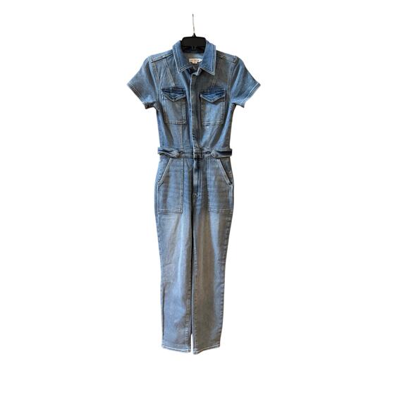 Good American Short Sleeve Point Collar Straight  Denim jumpsuit - Picture 4 of 5